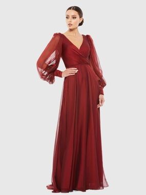 Mac Duggal 67414 67873 Red Sheer Blouson Sleeve Surplice Gown SOLD OUT!! Size 6